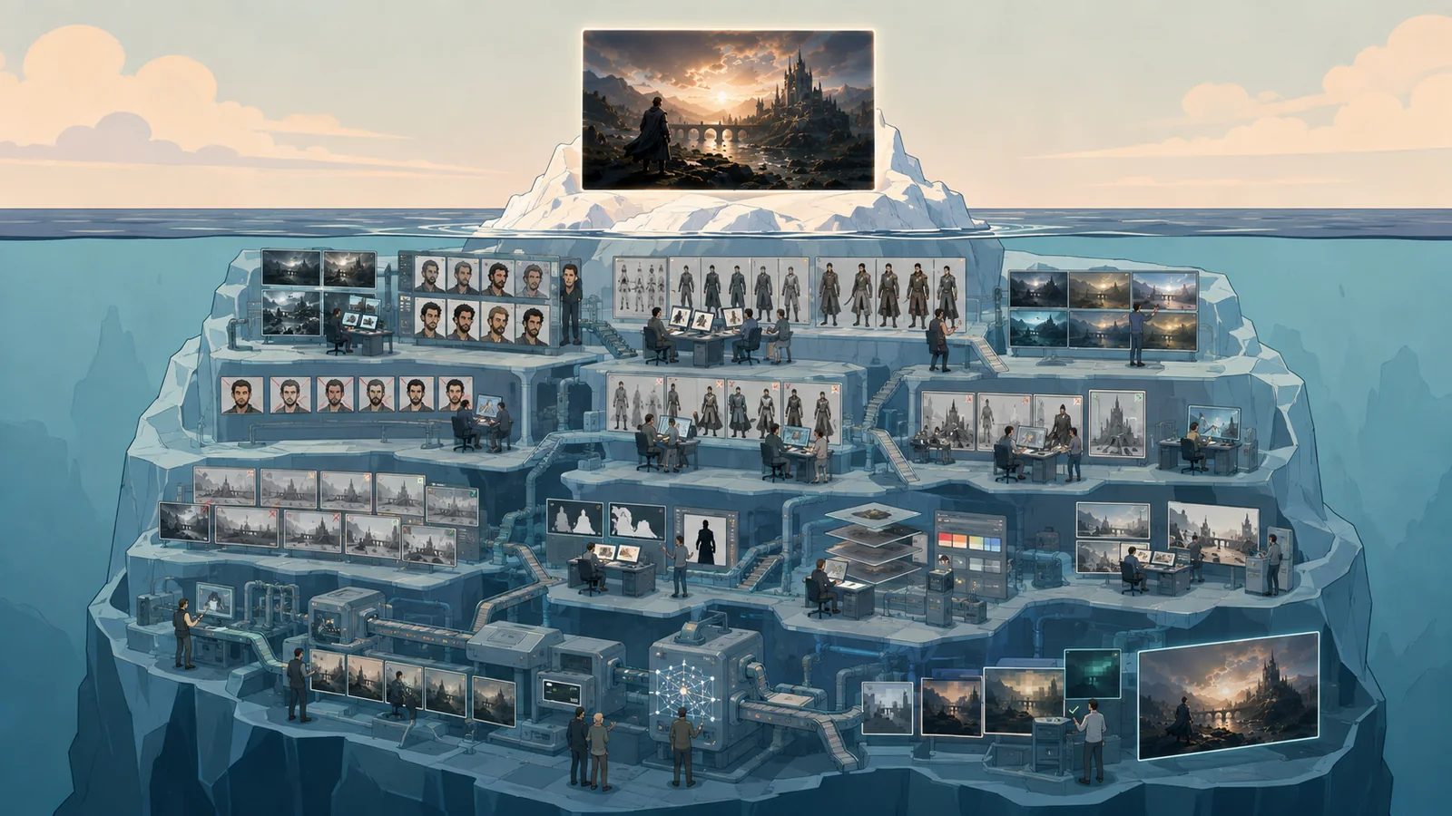 Illustration en forme d'iceberg : l'image finale visible en surface, et sous l'eau, tout le travail humain de fabrication — postes de travail, validations, itérations.