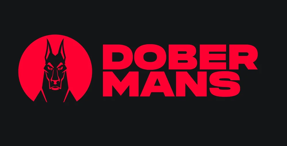 Logo horizontal Dobermans : emblème rouge à tête de dobermann et typographie massive sur fond noir.
