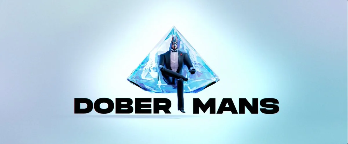 Visuel Dobermans : un personnage en smoking, tête de dobermann, assis dans un diamant bleu au-dessus du titre de la licence.