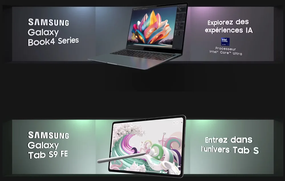 Deux contenus anamorphiques Samsung : un ordinateur portable et une tablette semblent émerger de leurs bandeaux respectifs.