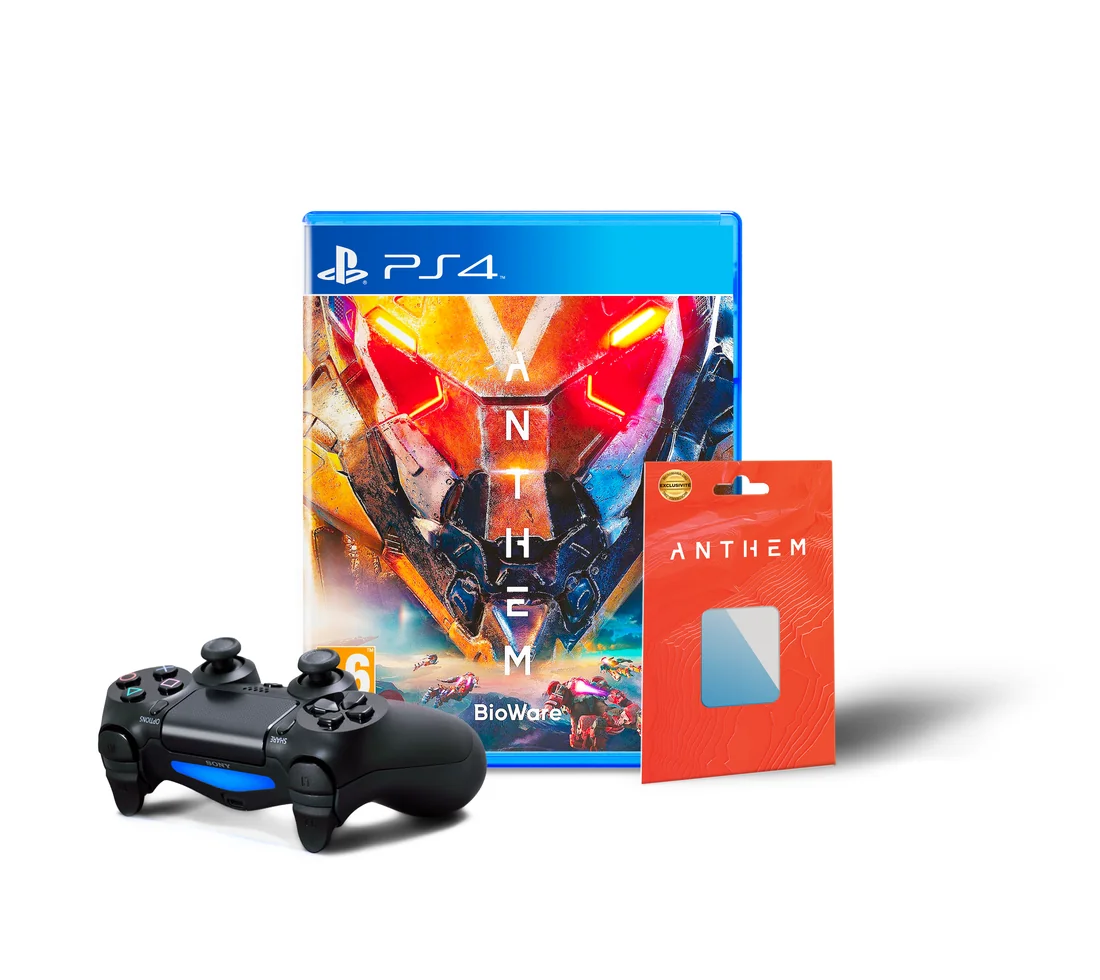 Boîtier du jeu Anthem sur PlayStation 4, accompagné du goodie en carton contenant la pyramide holographique jetable.