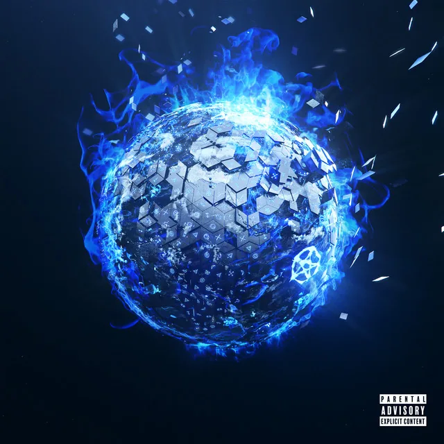 Pochette de la Dark Edition de La Vie de Luxe : le même globe fragmenté, cerné de flammes bleues sur fond nuit.