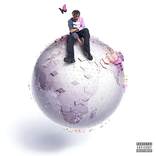 Pochette de l'album La Vie de Luxe de Youv Dee : l'artiste assis au sommet d'un globe blanc fragmenté, un papillon au-dessus de lui.