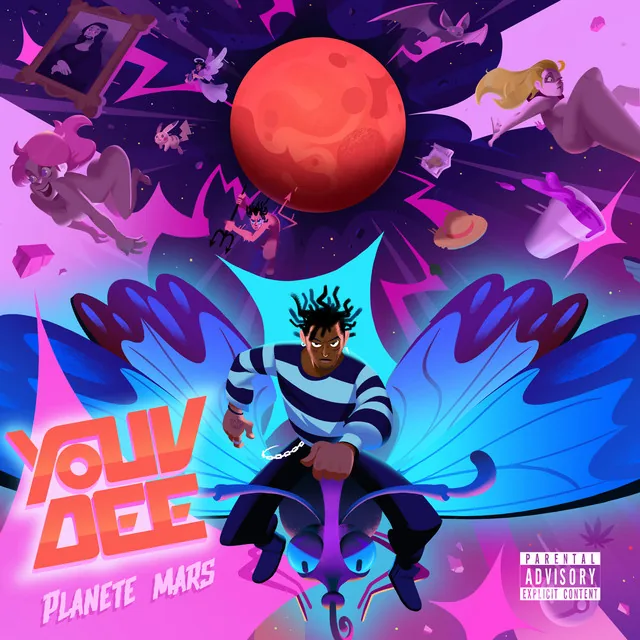 Pochette de l'EP Planète Mars de Youv Dee : illustration colorée de l'artiste chevauchant un papillon devant la planète rouge.