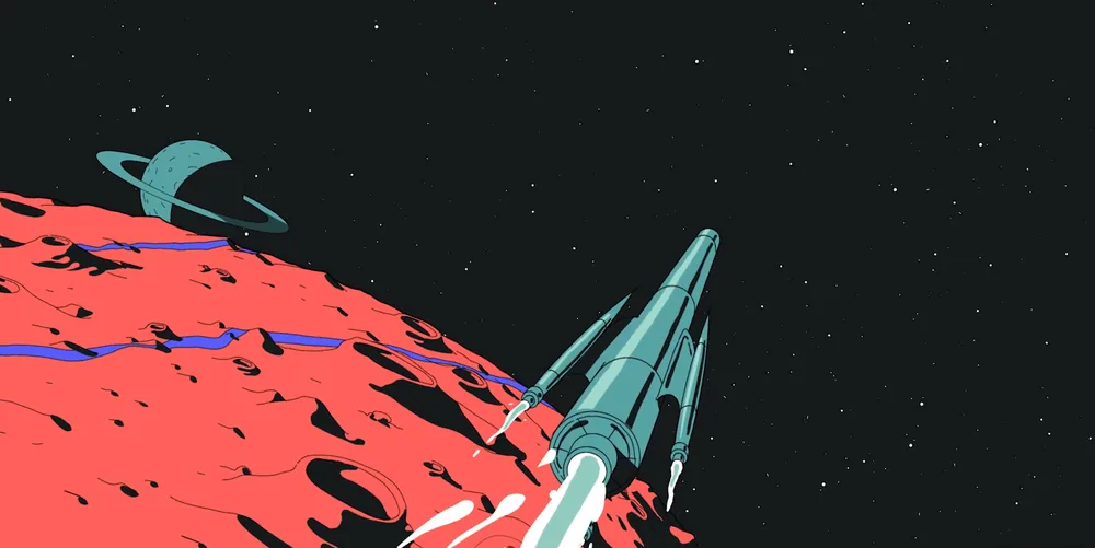 Vizualizer Youv Dee : une fusée turquoise survole la surface rouge de Mars, Saturne au loin.