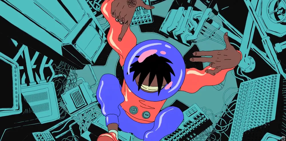 Vizualizer Youv Dee : plan rapproché du personnage casqué, bras écartés, au centre du cockpit.