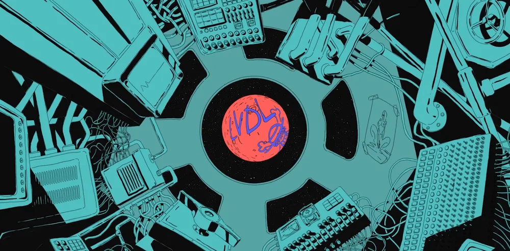 Vizualizer Youv Dee : un disque vinyle dont l'étiquette centrale figure la planète rouge marquée du sigle LVDL.