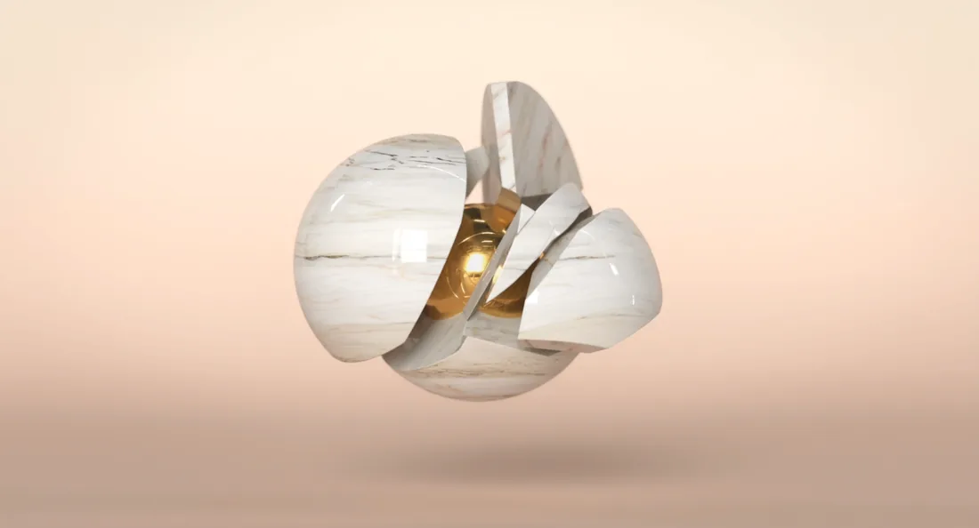 Rendu 3D d'une sphère de matière décomposée en sections distinctes, laissant apparaître un cœur doré.